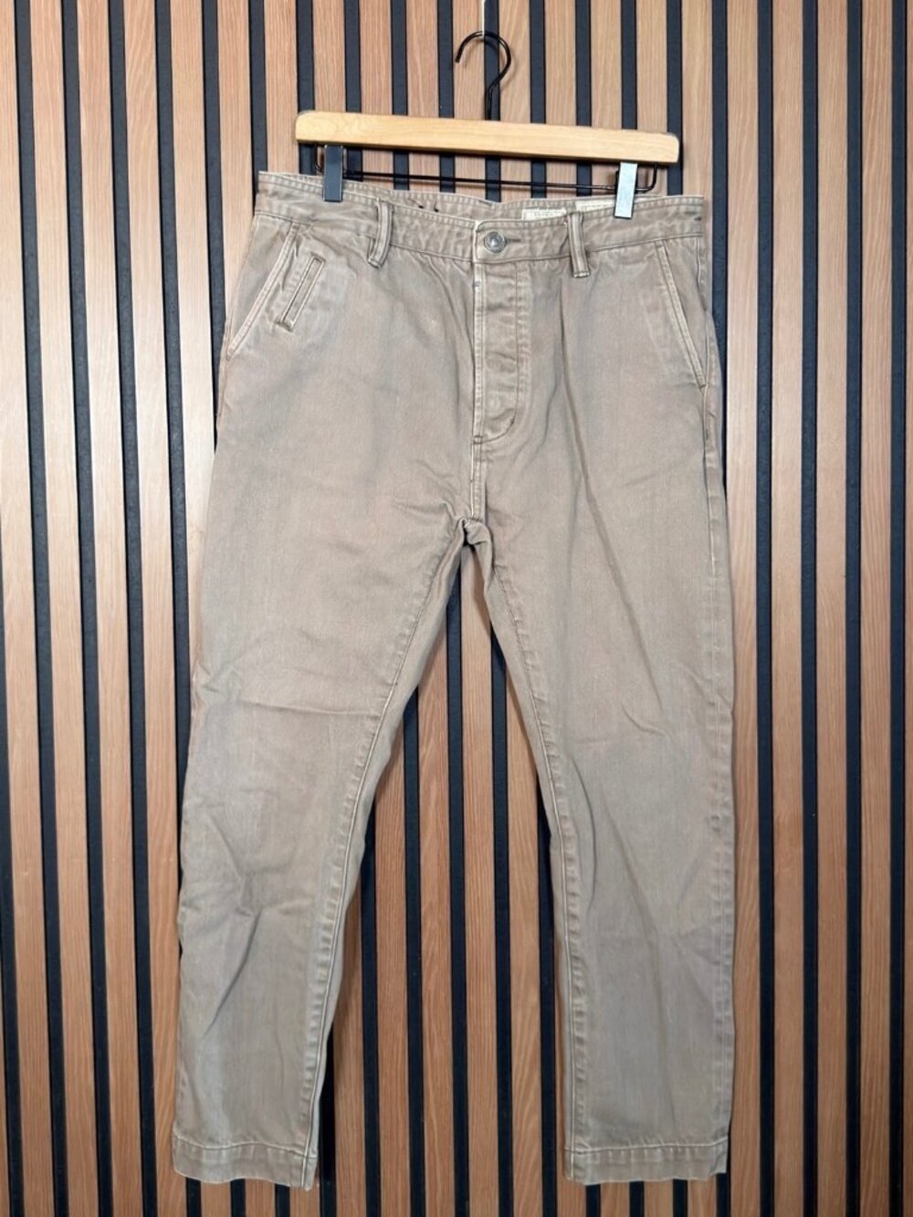 AllSaints Pants 32W Womens Beige Denim Tapered Fit Straight Button Fly